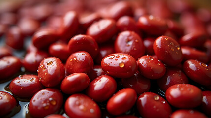 Vibrant red kidney beans glistening with water droplets, a close-up showcasing their rich color and smooth texture.  A culinary delight!