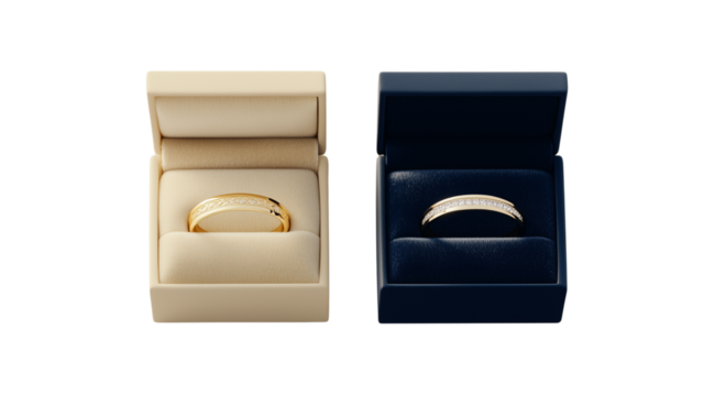 Wedding, gold rings in velvet blue and beige boxes isolated on a white background, top view, created with Generative AI technology, PNG