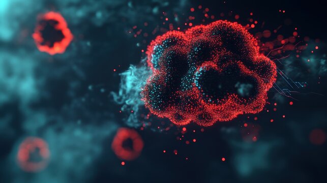 Cloud icon under cyberattack with glowing red virus particles, dark digital background, high-tech security concept