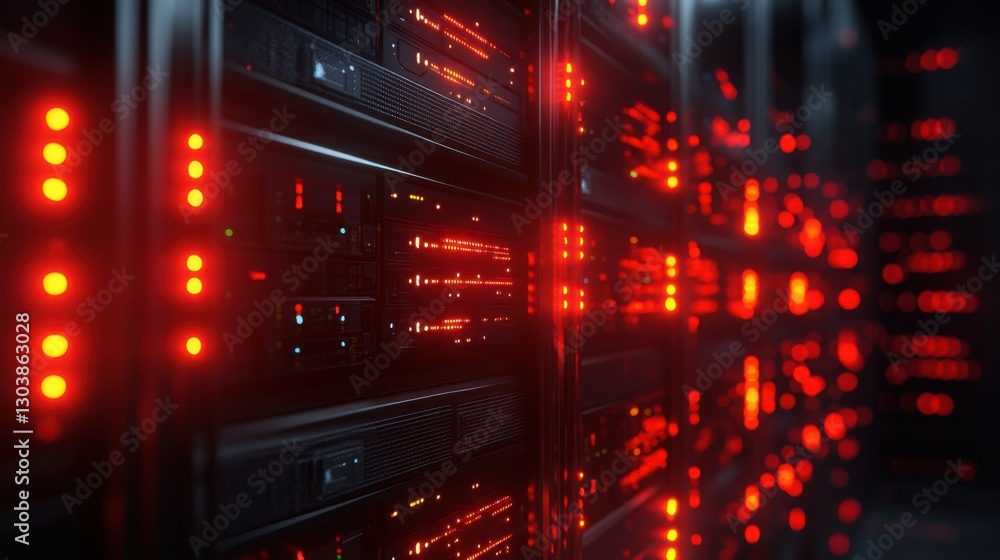Poster cloud network security visualization, glowing connections between servers and data icons