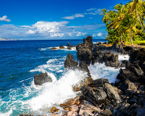 Waves Washing Against The Jagged Lava Spires in Nua' Ailua Bay, Keanae, Maui, Hawaii, USA