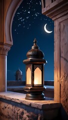 A rustic, timeworn Islamic lantern resting on a stone ledge in a quiet riad, its soft glow complementing the starry night sky and the distant silhouette of a crescent moon