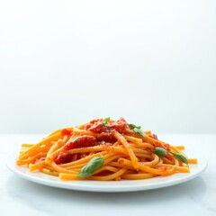 Delicious spaghetti topped with fresh tomato sauce, basil leaves, and a sprinkle of grated cheese.