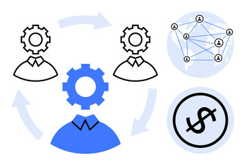Fototapeta premium Gear-headed figures with arrows, network node diagram, dollar icon visualizing collaboration, automation, networking. Ideal for teamwork, processes, finance, growth innovation strategy systems