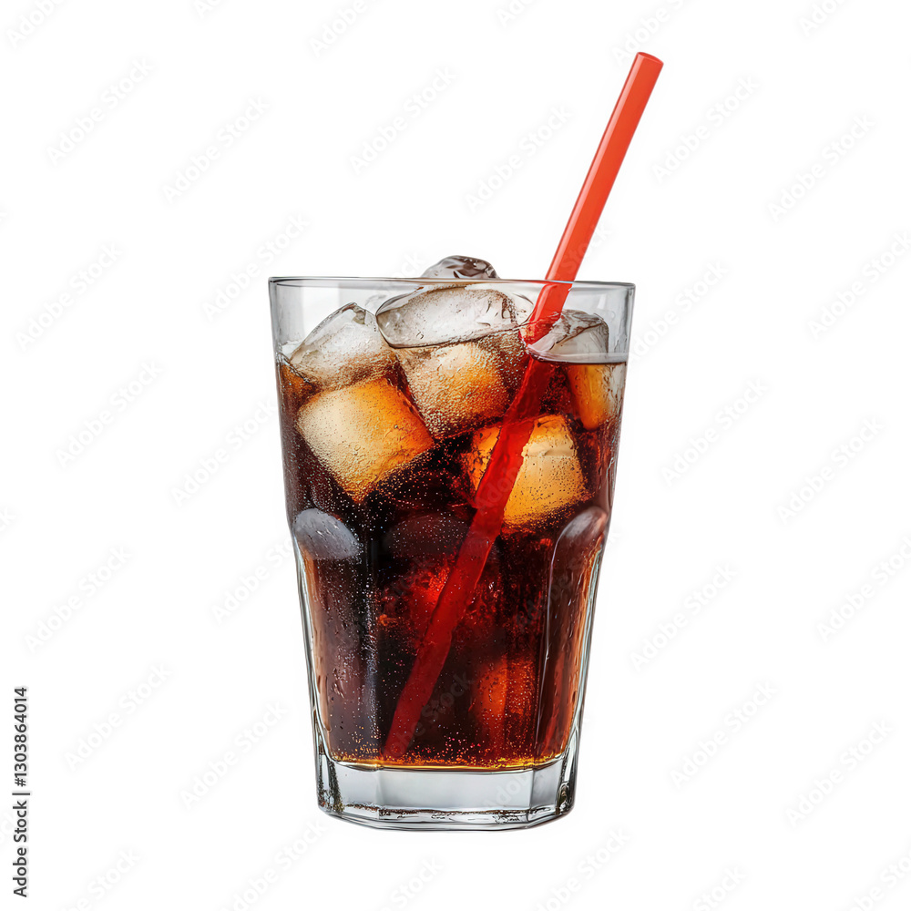Poster a refreshing glass of cola filled with ice cubes and a red straw. perfect for quenching thirst on a 