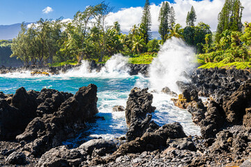 Waves Crashing Against The Volcanic Shoreline at Keanae Lookout, Keanae, Maui, Hawaii, USA