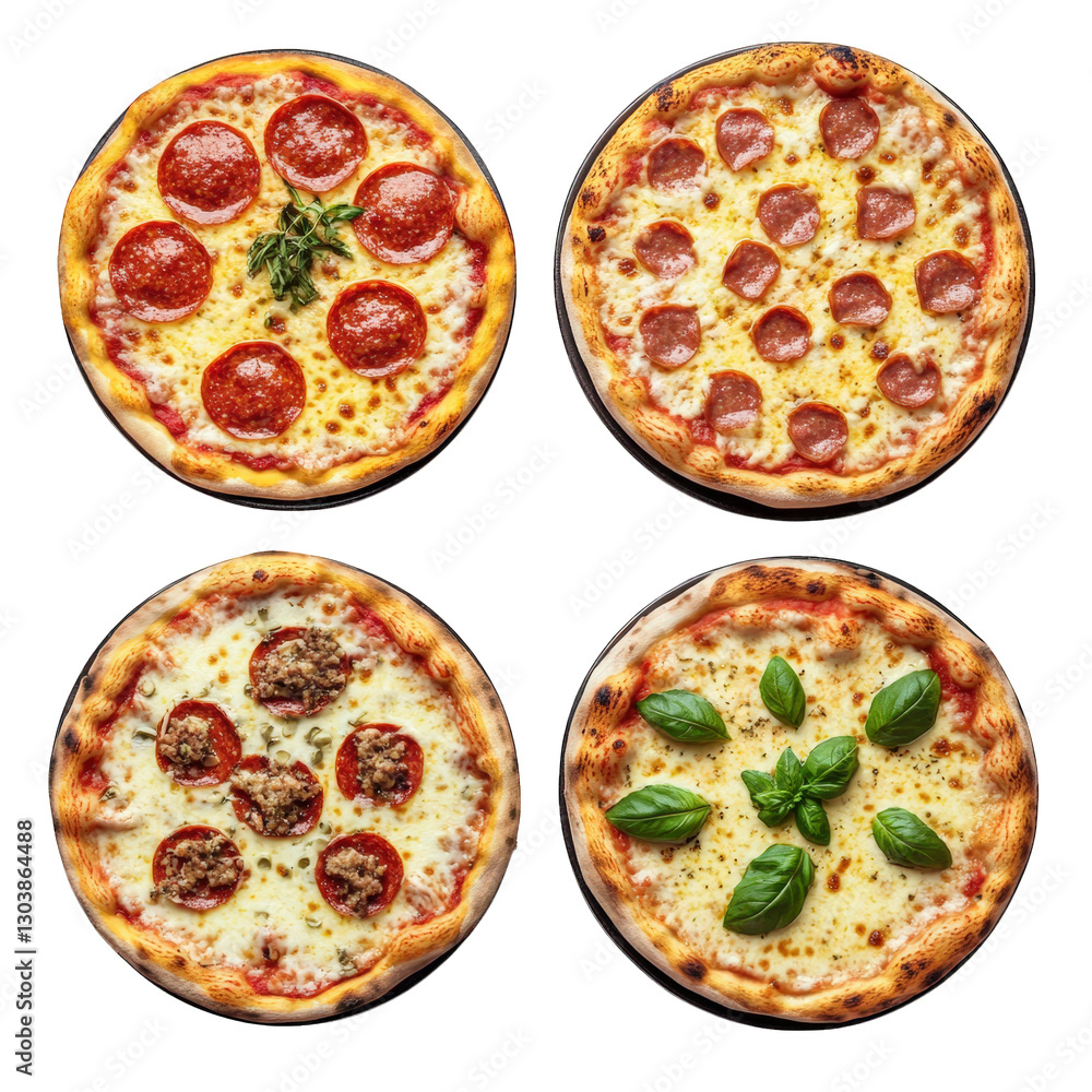 Poster four different pizzas arranged in a grid each pizza has distinct toppings the top left features pepp