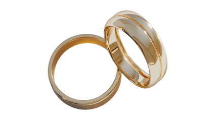 Wedding, classic gold wedding rings isolated on a white background, top view, created with Generative AI technology, PNG
