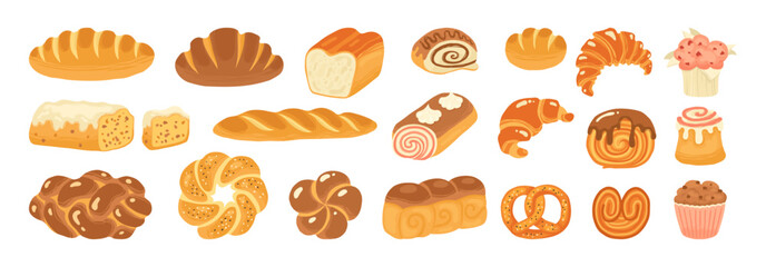 Bread and pastry bakery products cartoon set. Various loaf bun roll, muffin, French baguette and croissant, wheat rye bread. Menu bakery pastry hand drawn food retro art collection vector illustration
