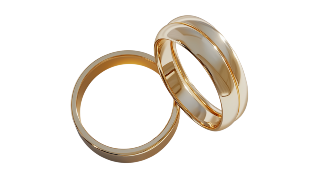Wedding, classic gold wedding rings isolated on a white background, top view, created with Generative AI technology, PNG