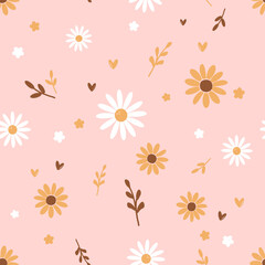 Seamless pattern with daisies, yellow flower and branches on pink background vector.