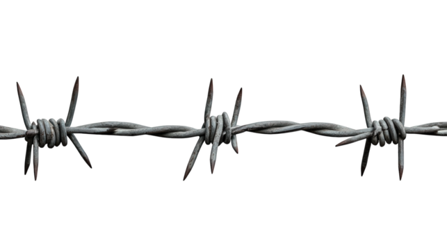 a section of barbed wire. showcasing its sharp points and twisted structure the stark. industrial design emphasizes its use in security and boundary marking. often associated with deterrence and confi