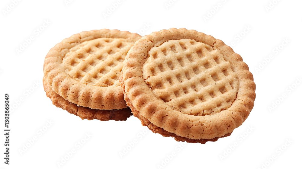 Poster two round. golden-brown cookies with a crisscross pattern on the surface they are stacked closely to