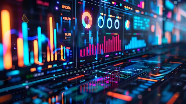 Big Data Technology for Business Finance Analytic Concept. Modern graphic interface shows massive information of business sale report, profit chart and stock market trends analysis on screen monitor. - Powered by Adobe