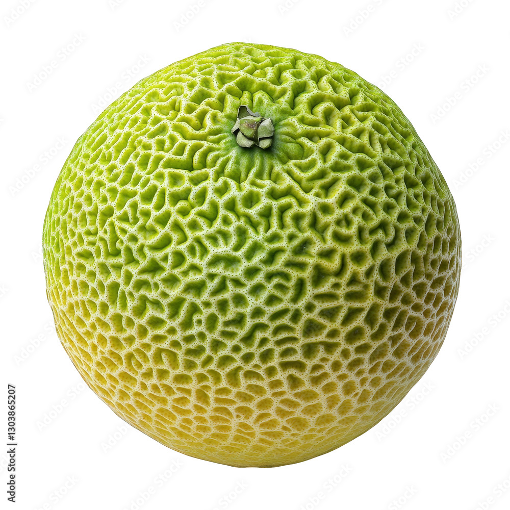 Poster a textured. round fruit that is primarily green with hints of yellow its surface features a distinct