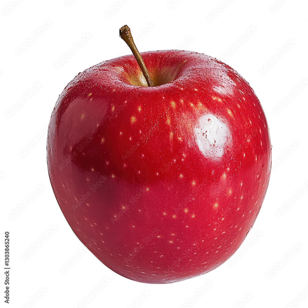 Poster shiny red apple with a stem. showcasing its smooth surface and vibrant color. often symbolizing heal