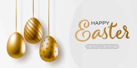 Happy Easter day banner with realistic golden eggs hanging on ribbon. Egg includes striped, dotted, smooth designs. Vector holiday Easter greeting card, web poster, cover, flyer or festive decorations