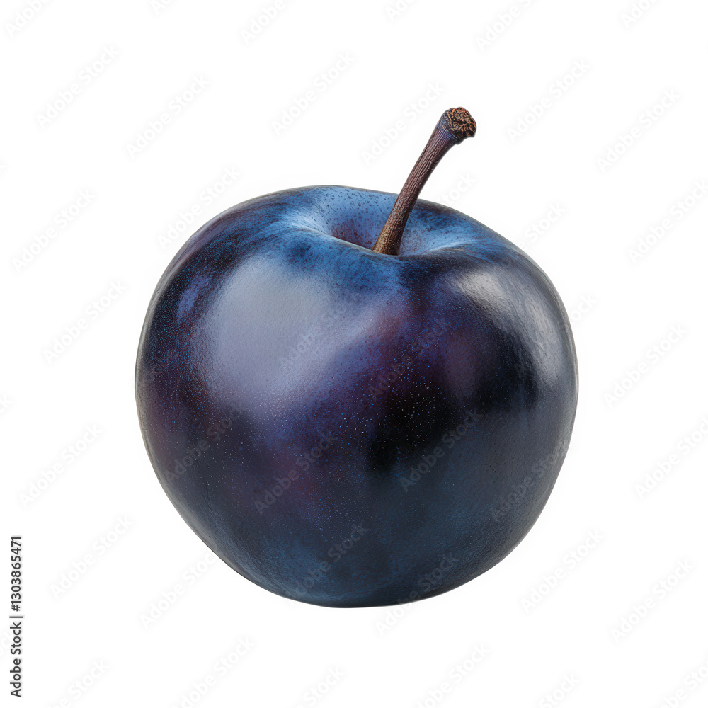 Poster single. glossy. dark purple plum with a short stem. set against a plain white background the fruit a
