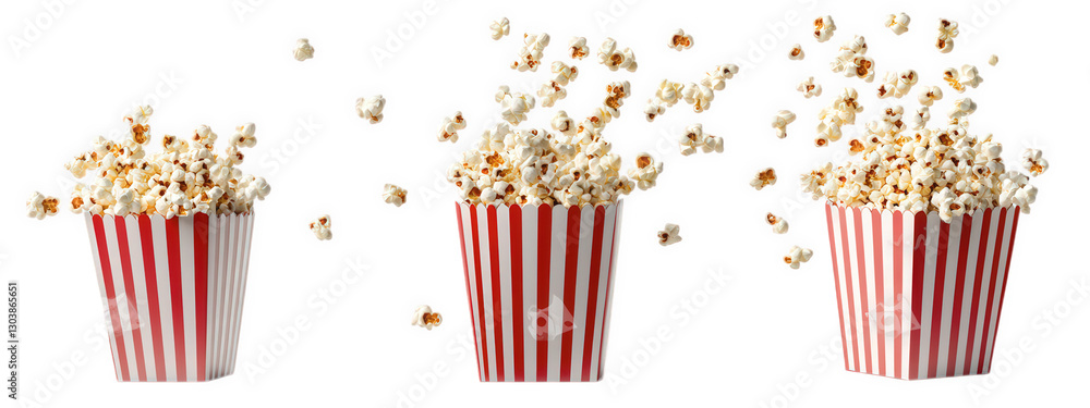Poster three striped popcorn containers. each filled with popcorn. with some kernels flying out. suggesting