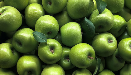 Obraz premium Lots of green apples. Background of apples. High quality photo