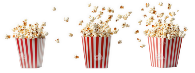 three striped popcorn containers. each filled with popcorn. with some kernels flying out. suggesting action and excitement the background is plain. emphasizing the popcorn. which is often associated w