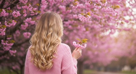 Fototapeta premium Woman with long blonde hair admires cherry blossoms.