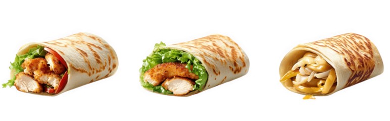 three wrapped tortillas filled with various ingredients the first wrap contains chicken and lettuce. the second features a mix of chicken and vegetables. and the third has a creamy pasta filling the p