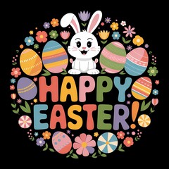 Circular Easter design with various colored eggs and decorations