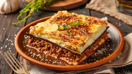 Traditional Moussaka Dish Featuring Eggplant Ground Meat and Bechamel Sauce On Rustic Table