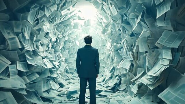 Businessman facing paperwork tunnel; feeling overwhelmed, seeking solution