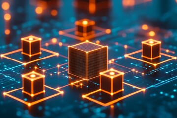 Fototapeta premium Abstract digital network of interconnected glowing cubes and lines