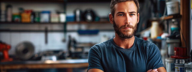 A skilled plumber stands confidently in a clean workshop, featuring a minimalistic backdrop and soft lighting. His direct gaze conveys professionalism and expertise in the trade