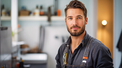 A skilled plumber stands confidently in a minimalist bathroom featuring neutral colors and clean lines, wearing a tool belt and looking directly at the camera, ready for work
