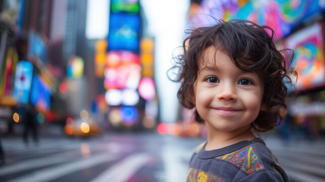 A child stands on a brightly lit crosswalk, wearing a cheerful expression. Skyscrapers tower in the background, illuminated by colorful advertisements in a lively urban setting