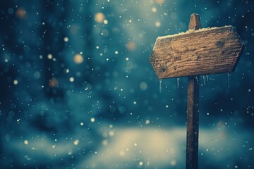 Fototapeta premium A rustic wooden signpost stands in a snowy landscape, surrounded by softly falling snowflakes, creating a serene winter atmosphere.