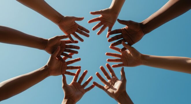 Diverse hands joined together, reaching towards the sky. Unity and teamwork concept.
