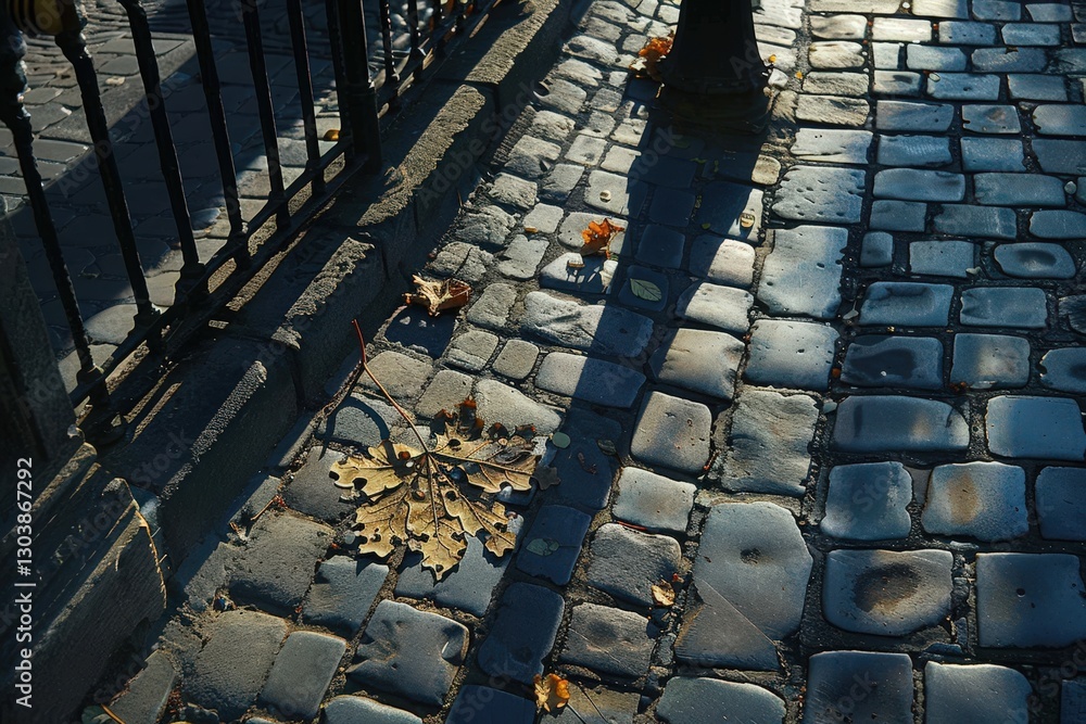 Poster a serene cobblestone pathway is illuminated by soft light, with fallen leaves and a long shadow cast