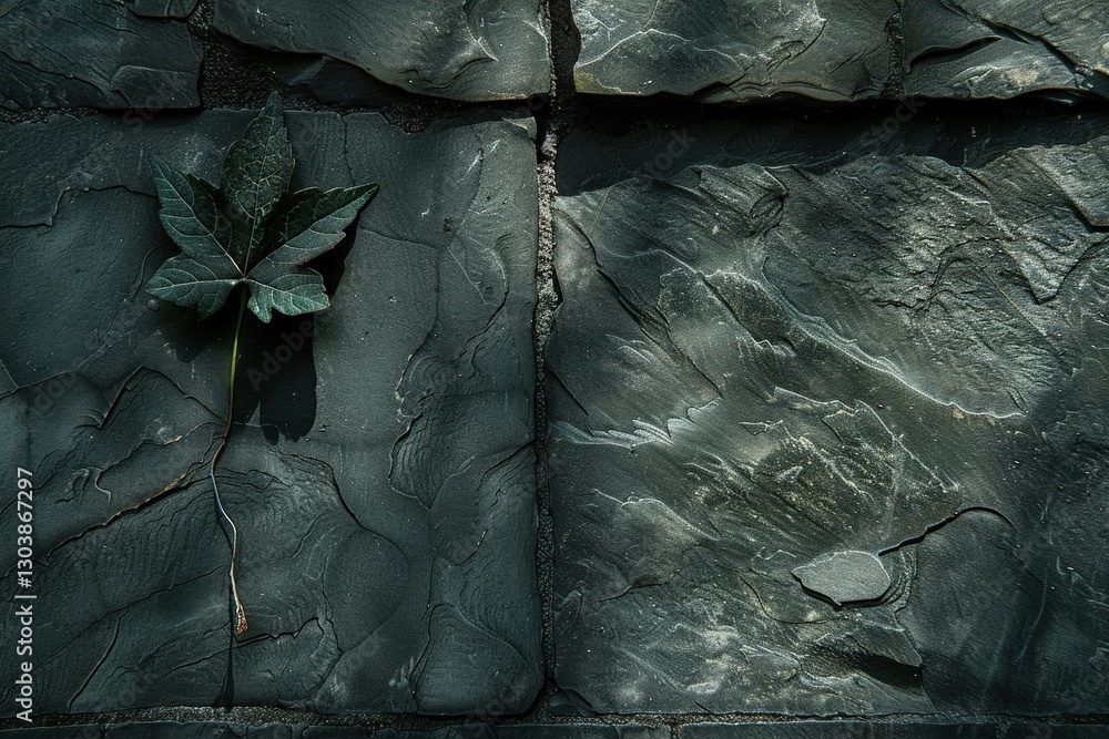 Poster a green leaf rests against a textured stone wall, creating a contrast between nature and architectur