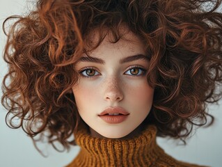 Fototapeta premium Portrait of Young Woman with Curly Hair and Freckles Wearing Turtleneck