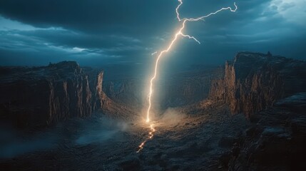 Striking Lightning Over Dramatic Canyon Landscape at Dusk