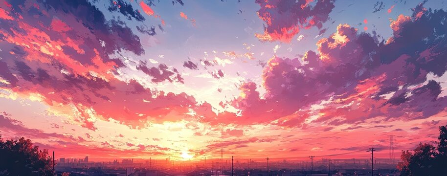 Dreamy anime-inspired sunset clouds in soft pastel hues, panoramic low-angle view for website headers, mobile apps, and print merchandise.