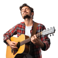 Obraz premium A professional guitarist standing while strumming an acoustic guitar enjoying the music on transparent background. Ai Generate
