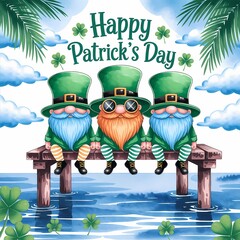 St. Patrick's Day illustration with 3 leprechauns in a pond