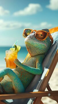 A cool chameleon relaxing on a beach with a tropical drink in hand A relaxed chameleon enjoying a tropical drink on the beach, wearing sunglasses and lounging under the sun.