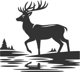 A deer standing in a shallow river animal vector silhouette
