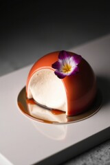 Deliciously decadent orange dome cake adorned with a vibrant flower, tempting taste buds with its allure.