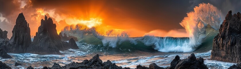 A stunning coastal scene showcasing dramatic rock formations, powerful waves, and a vibrant sunset casting warm hues across the ocean.