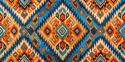 Aerial View of Vibrant Orange and Blue Ikat Pattern Featuring Intricate Geometric Designs for Textiles and Home Decor