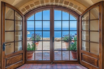 Fototapeta premium A picturesque view of the ocean through elegant wooden doors, framed by a charming stone archway and adorned with potted plants.