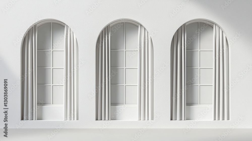 Poster three arched windows with drapes in a minimalist setting